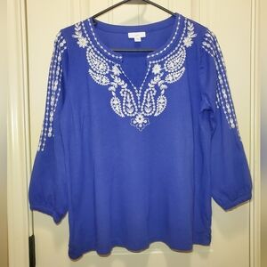 J. Jill Royal Blue Blouse with White Embroidery Petite Small